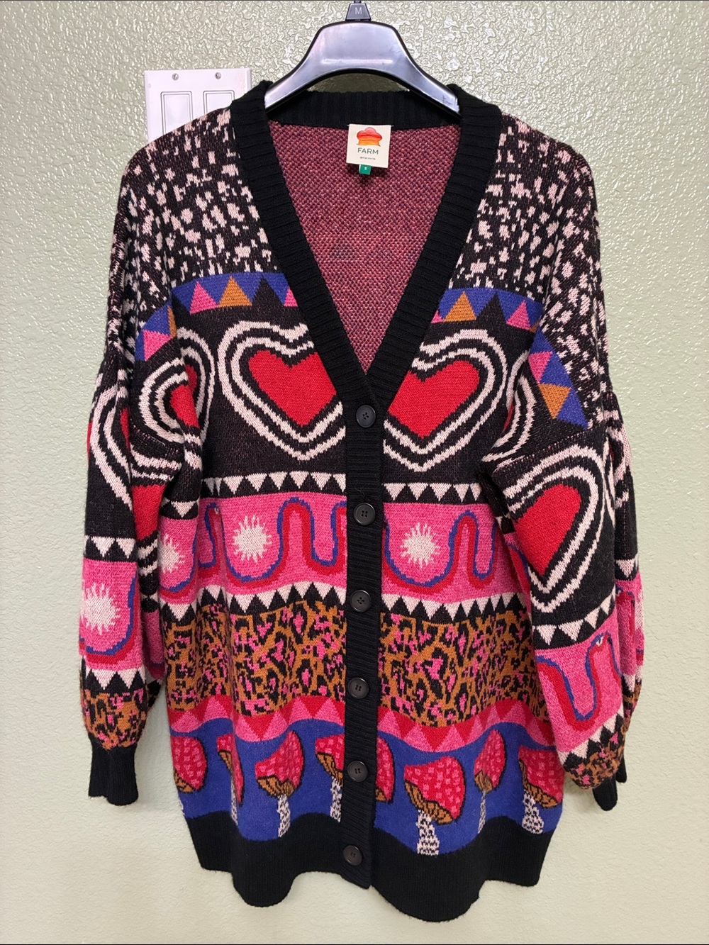 New!!!FARM Rio Pink, Black & Red Heart Patterned Button-Front Cardigan oversize
